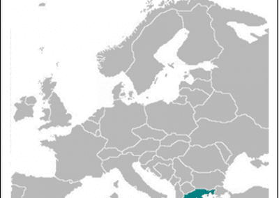 A map of Europe with Greece highlighted in teal, whilst the rest of the countries are shown in grey, making Greece stand out clearly.