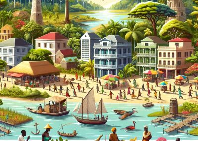 A vibrant coastal town scene in Guinea-Bissau with people walking, boats on the water, lively markets, baskets of fruit and flowers, lush palm trees, historic buildings, and birds flying under bright sunlight.