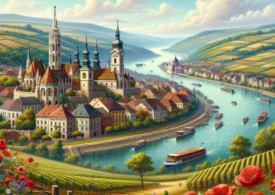 A vibrant Hungarian riverside town with historic churches, red-roofed houses, boats on a winding river, lush green hills, vineyards, and colourful wildflowers in the foreground under a bright, partly cloudy sky.