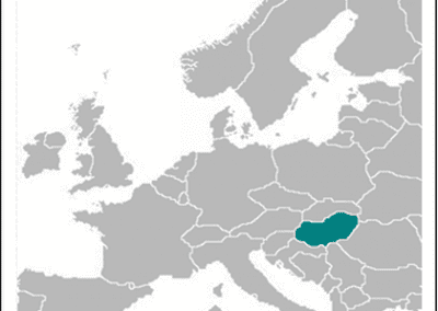 Map of Europe with Hungary highlighted in teal, showing its central location surrounded by other countries in grey.