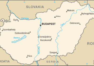 Map of Hungary showing major cities such as Budapest, Győr, Miskolc, Szeged, and Pécs, as well as neighbouring countries Austria, Slovakia, Ukraine, Romania, Serbia, Croatia, and Slovenia.