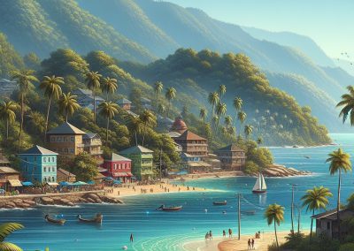 A vibrant Jamaican seaside village with colourful houses, palm trees, and lush green mountains. People relax on the sandy beach as boats float on turquoise water and a sailboat glides near the shore under a bright blue sky.