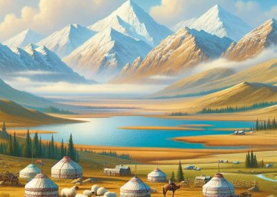 A vibrant mountain landscape in Kazakhstan with snow-capped peaks, a blue lake, and grassy plains. Circular yurts, grazing sheep, horses, and people are in the foreground, evoking a traditional nomadic settlement.