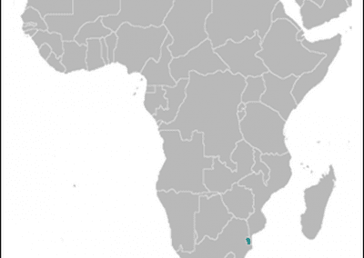 Map of Africa in grey with Eswatini highlighted in blue, showing its location in southern Africa near South Africa and Mozambique.