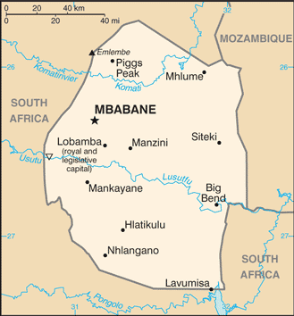 Map of Eswatini showing major cities, rivers, borders with South Africa and Mozambique, and key locations such as Mbabane (capital), Lobamba, Manzini, Siteki, and Lavumisa within Eswatini.