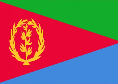 The flag of Eritrea with a red triangle, green upper triangle, blue lower triangle, and a yellow olive branch within a wreath on the red triangle.