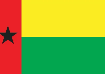 The flag of Guinea-Bissau features a vertical red stripe with a black star on the left, and two horizontal stripes—yellow on top and green below—on the right side, symbolising Guinea-Bissau's vibrant culture.