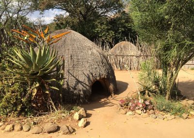 A traditional Eswatini beehive-shaped hut made of woven materials stands in a sandy yard, surrounded by plants, a wooden fence, and trees. Another similar hut is visible in the background.
