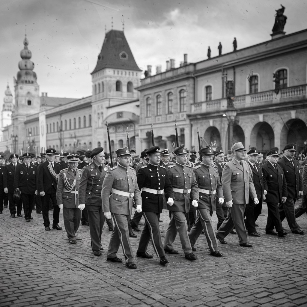 A group of uniformed soldiers from the Austro-Hungarian Empire marches in formation on a cobbled street, with historic European buildings and a tower in the background. A crowd of onlookers stands behind them. The black-and-white image captures the era’s atmosphere.