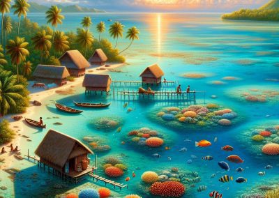 A vibrant tropical lagoon in Micronesia at sunrise features overwater bungalows, palm trees, canoes, people relaxing, and colourful coral reefs with various tropical fish visible through the clear blue water.