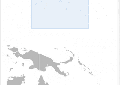 A map showing the islands of Micronesia highlighted in blue, with nearby land masses in grey and the ocean in white. The highlighted area is north of Papua New Guinea and east of the Philippines.