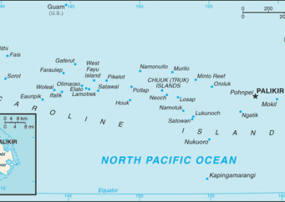 Map of the Caroline Islands in the North Pacific Ocean, highlighting Palikir on Pohnpei Island. Includes nearby islands, major cities, and an inset map showing the location of Palikir on Pohnpei.