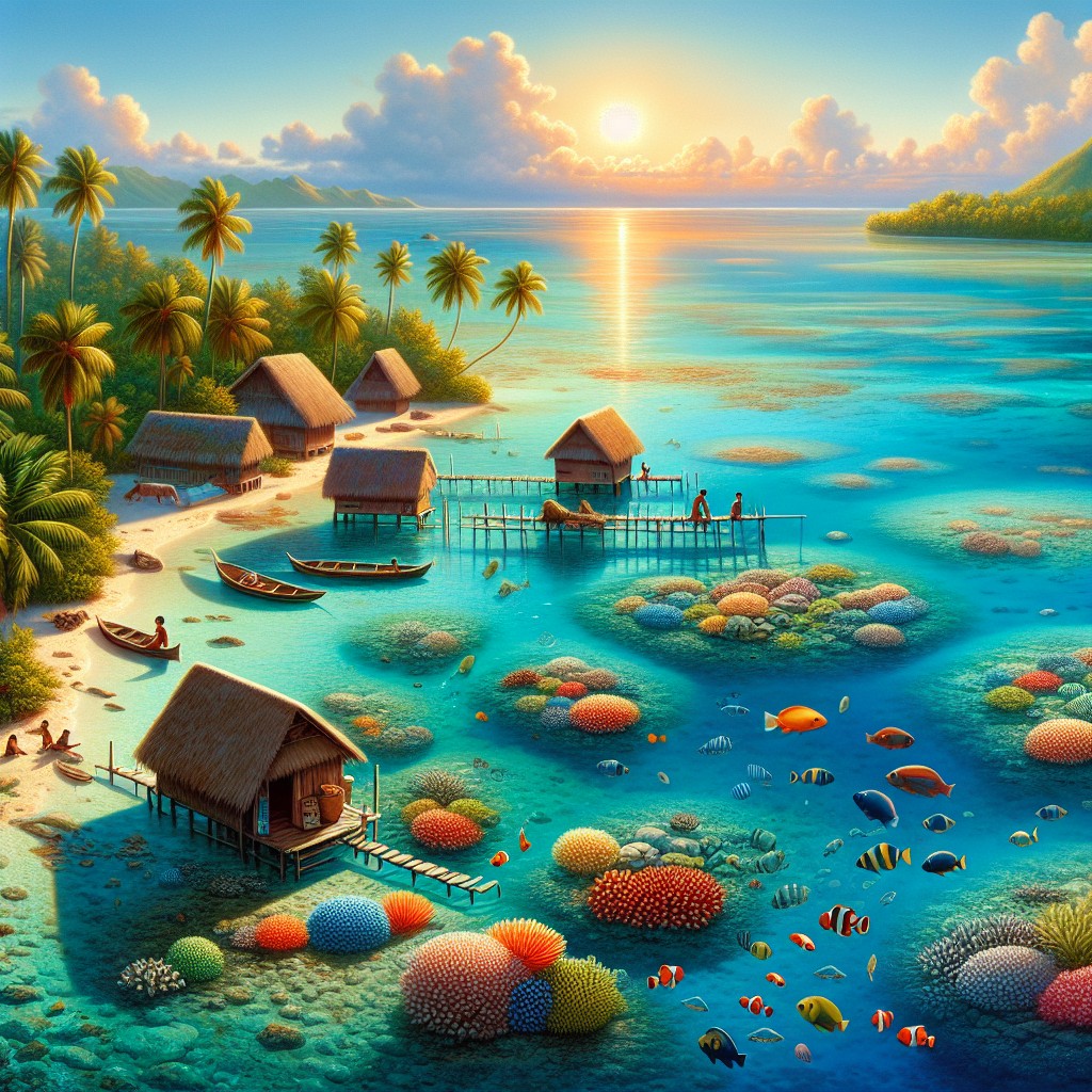 A vibrant tropical lagoon in Micronesia at sunrise features overwater bungalows, palm trees, canoes, people relaxing, and colourful coral reefs with various tropical fish visible through the clear blue water.