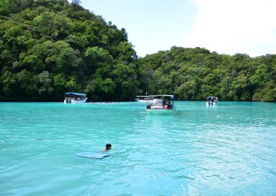 People swim in clear turquoise water surrounded by lush green forested hills in Micronesia, with several small boats floating nearby under a sunny sky.