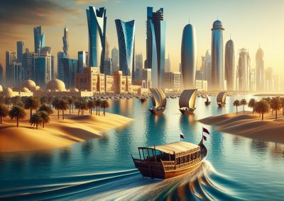 Traditional wooden boats sail on calm water with palm-lined sandbanks, set against Qatar’s futuristic city skyline with modern, uniquely shaped skyscrapers, all bathed in warm, golden sunlight.