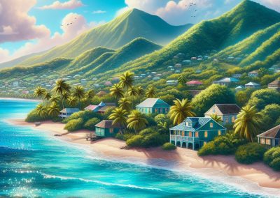 Colourful seaside houses sit along a sandy tropical beach in Saint Kitts and Nevis, lined with palm trees and clear turquoise water. Lush green mountains rise in the background under a sunny, partly cloudy sky as birds fly overhead.