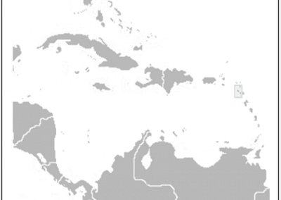 A map highlighting the Caribbean region, with a blue box around Saint Kitts and Nevis—a small eastern Caribbean island—whilst surrounding countries and islands are shaded in grey.
