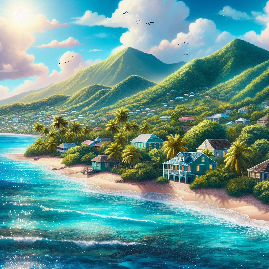 Colourful seaside houses sit along a sandy tropical beach in Saint Kitts and Nevis, lined with palm trees and clear turquoise water. Lush green mountains rise in the background under a sunny, partly cloudy sky as birds fly overhead.