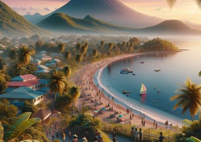 A lively tropical beach scene in Saint Kitts and Nevis, with people walking and relaxing by the shore, colourful boats in the water, lush greenery, and a tall volcanic mountain under a vibrant pink and blue sky.