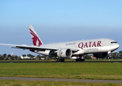 A Qatar Cargo aeroplane is taxiing on a runway, with green grass in the foreground and a clear blue sky showcasing Qatar's commitment to global air freight in the background.