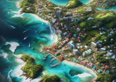 A vibrant tropical coastal town in Saint Vincent and the Grenadines, with turquoise bays, green hills, colourful houses, boats in the water, sandy beaches, and lush islands—all viewed from above on a sunny day.