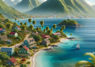 Colourful seaside village in Saint Vincent and the Grenadines, with palm trees along a turquoise bay, small boats in the water, and lush green mountains rising under a clear blue sky.