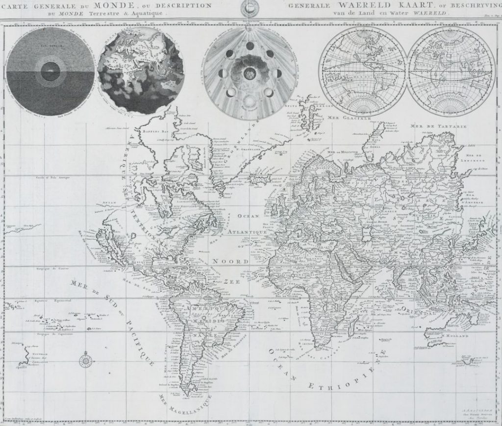Black and white vintage world map with Latin and Dutch text, detailed continents, and various circular insets showing celestial diagrams, hemispheres, and navigation information.