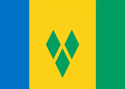 The flag of Saint Vincent and the Grenadines features three vertical stripes—blue, gold with three green diamonds in a V shape, and green.