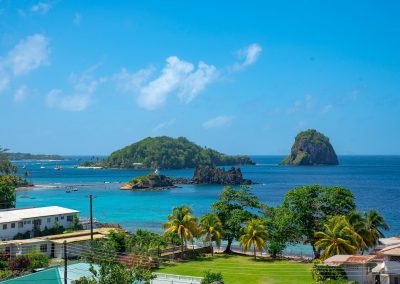 Scenic view of a tropical coastline in Saint Vincent and the Grenadines, with turquoise water, small islands, palm trees, and beachfront buildings under a bright blue sky.