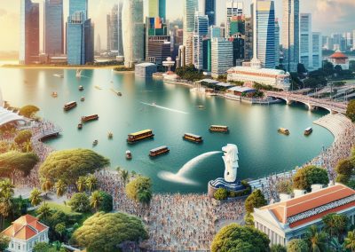 Aerial view of Singapore’s Marina Bay, bustling with boats and crowds. The iconic Merlion statue sprays water as Singapore’s skyscrapers and modern buildings line the waterfront, whilst lush greenery and historic architecture frame the vibrant city scene.