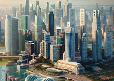 A vibrant Singapore cityscape featuring modern skyscrapers, futuristic glass domes, lush greenery, and iconic garden structures by the water under a clear sky, evoking a blend of nature and urban architecture.