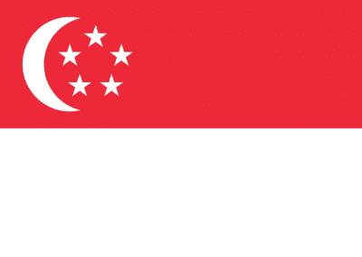 The flag of Singapore features a red upper half with a white crescent moon and five stars arranged in a circle, above a plain white lower half, symbolising Singapore’s unity and progress.