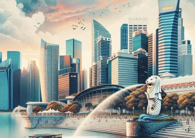 A cityscape of Singapore with modern skyscrapers, the iconic Merlion statue spouting water into Marina Bay, and a boat on the water under a partly cloudy sky at sunset.