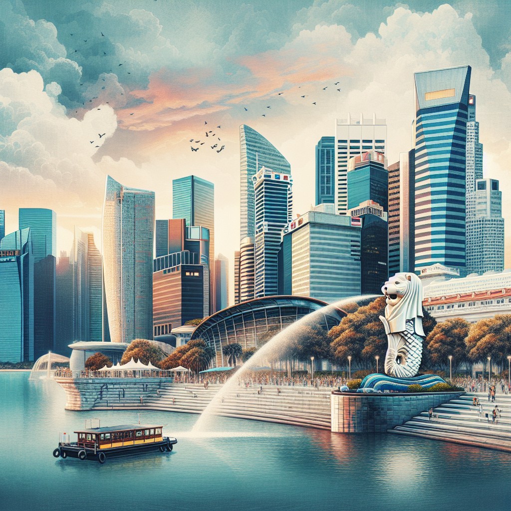 A cityscape of Singapore with modern skyscrapers, the iconic Merlion statue spouting water into Marina Bay, and a boat on the water under a partly cloudy sky at sunset.