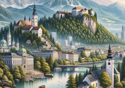 A picturesque Slovenian town with historic churches and castles on hills, surrounded by lush forests, a winding river with boats, and snow-capped mountains in the background under a clear sky.