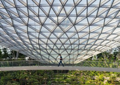 A person walks on a glass bridge inside a large atrium in Singapore, with a geometric glass ceiling overhead and lush greenery flourishing below.