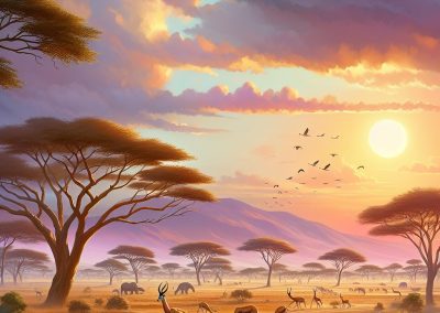 A vibrant African savannah at sunrise, with acacia trees, grazing antelopes, elephants in the distance, flying birds, and colourful clouds against mountains, all bathed in warm golden light.