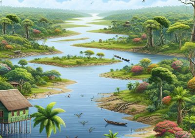 A vibrant river winds through Suriname’s lush rainforest with colourful parrots flying above, wooden canoes on the water, and a stilt house surrounded by green trees and flowering plants on the riverbank.