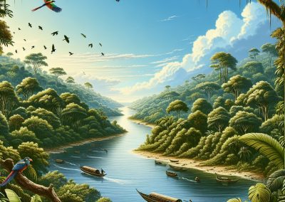 A vibrant river winds through the dense, lush rainforest of Suriname. Colourful parrots perch on branches and fly above, while several small boats with people glide along the water under a bright blue sky with fluffy clouds.