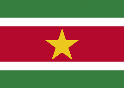 The flag of Suriname features five horizontal stripes: green, white, red (centred with a large yellow five-pointed star), white, and green, symbolising the unity and cultural diversity of Suriname.