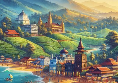 A vibrant, sunlit coastal town in Sri Lanka blends Indian architecture with lush hills, tea plantations, and grand domed buildings, set against green mountains and a lively beach bustling with people and boats.