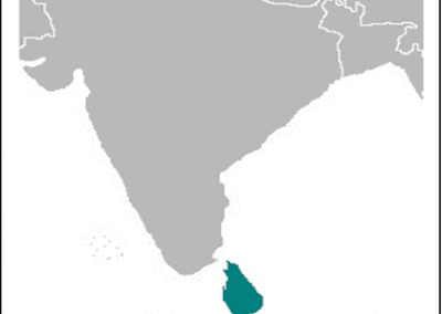 A simple map shows Sri Lanka highlighted in teal, south of India, with the rest of the region in grey and white for clear emphasis on Sri Lanka.