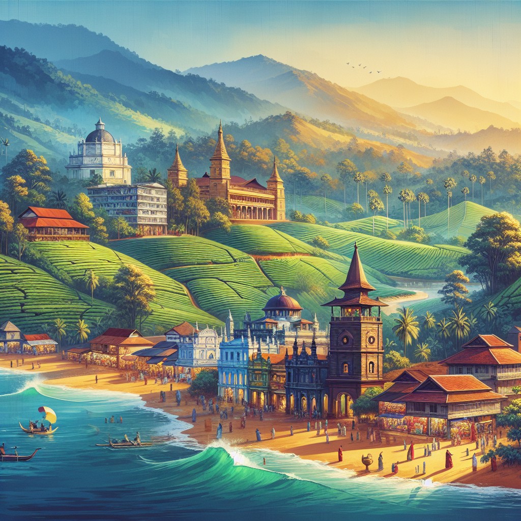 A vibrant, sunlit coastal town in Sri Lanka blends Indian architecture with lush hills, tea plantations, and grand domed buildings, set against green mountains and a lively beach bustling with people and boats.