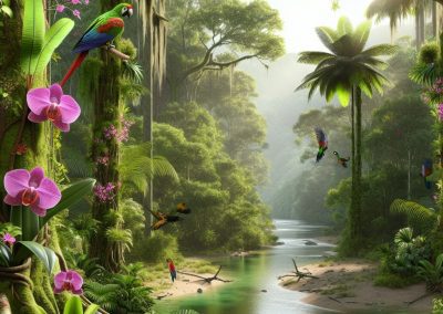 A lush tropical rainforest in Suriname, with vibrant green trees, pink orchids, and colourful parrots flying and perching near a clear river winding through the scene. Sunlight filters softly through the dense canopy above.