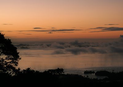 A calm Suriname lake at sunset with scattered clouds and mist hovering over the water, silhouetted trees in the foreground, and an orange and purple sky.