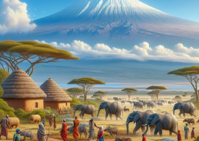 A vibrant African village scene with people in colourful clothing, round thatched huts, herds of elephants, acacia trees, and Mount Kilimanjaro in the background under a bright blue sky with some clouds.