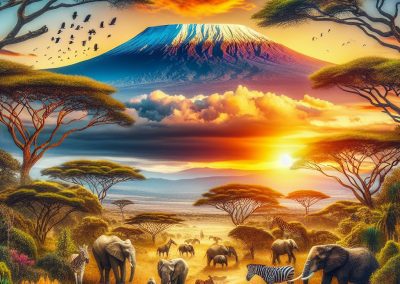 A vibrant African savanna at sunset features elephants, zebras, giraffes, and birds, with acacia trees and Mount Kilimanjaro in the background under a dramatic, colourful sky.