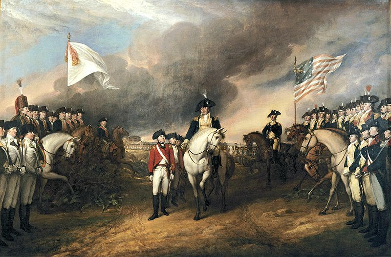 A historical painting depicting the Battle of Yorktown, with American and French soldiers standing on either side, officers on horseback, and surrendering British troops in the centre, under dramatic cloudy skies.