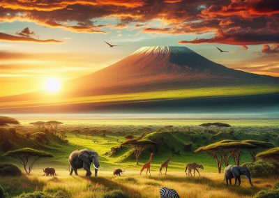 A vibrant African savanna at sunrise with elephants, giraffes, zebras, and antelopes grazing, acacia trees scattered throughout, and a snow-capped mountain in the background under a dramatic sky.
