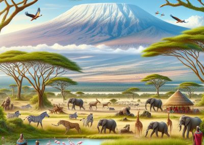 A vibrant African savanna scene with elephants, zebra, giraffes, flamingos, and gazelles beneath acacia trees. Maasai people stand near a hut, with Mount Kilimanjaro in the background under a blue sky.